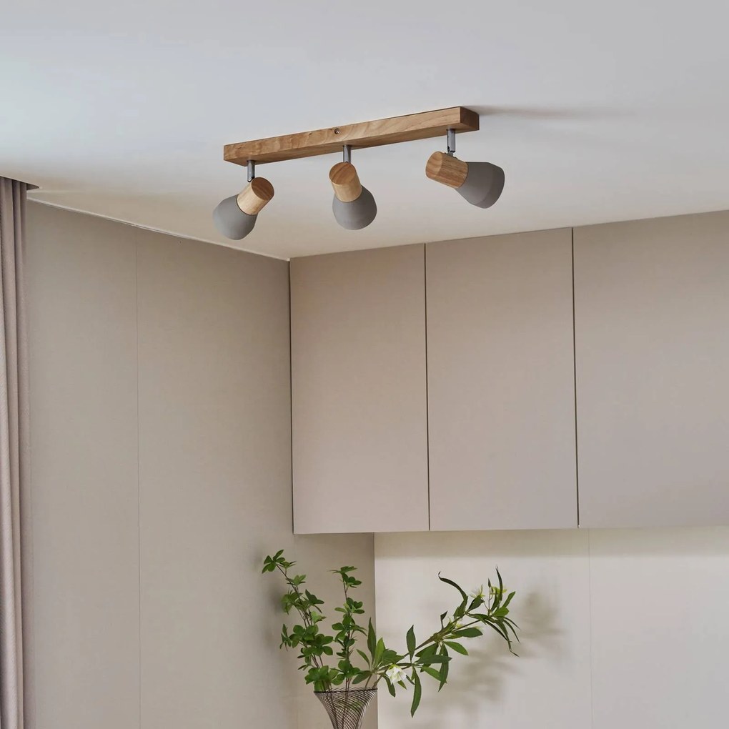 Faretto Lindby Filiz a 3 luci, lunghezza 47 cm, legno, cemento, E14