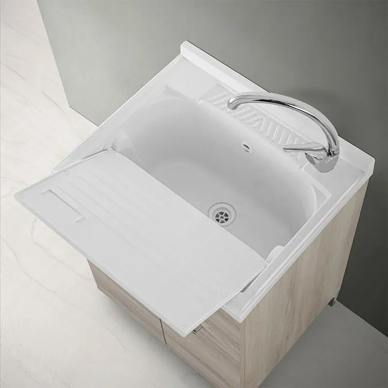 Mobile lavatoio 60x50 cm 2 ante rovere grigio con vaschetta in resina