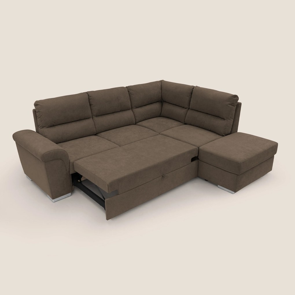 Minerva divano angolare con estraibile a cassettone e pouf contenitore in tessuto morbido impermeabile T02 marrone