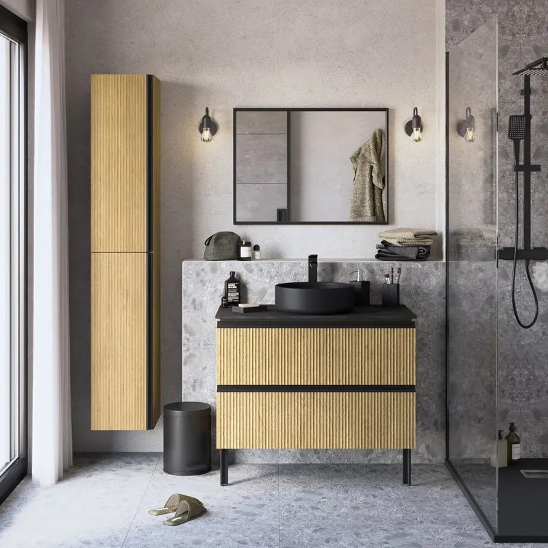 Mobile da bagno sotto lavabo rovere rigato L 90 x H 58 x P 48 cm, lavabo non incluso