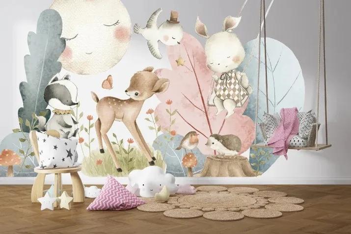 Adesivo murale per bambini animali nel prato magico 120 x 240 cm