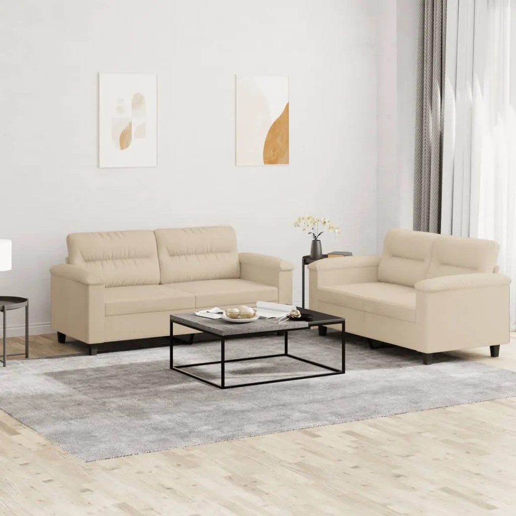 Set Divani 2 Pz Con Cuscini Crema İn Tessuto Microfibra /