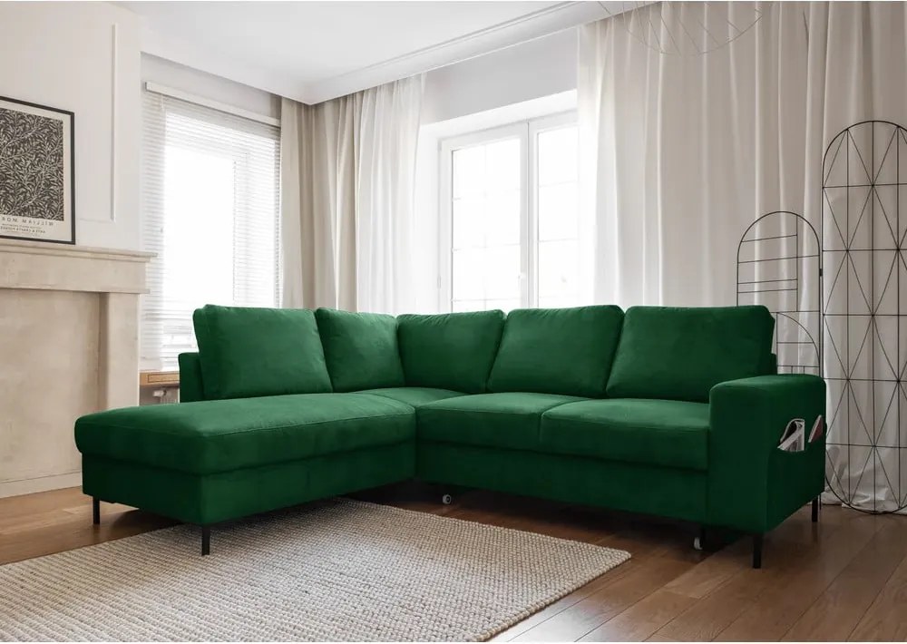 Divano letto in velluto a coste verde scuro (angolo sinistro) Lofty Lilly - Miuform