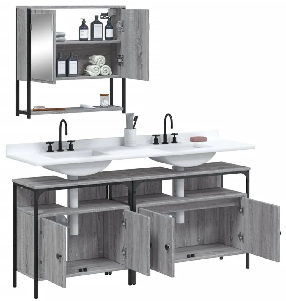 Set mobili da bagno 3 pz grigio sonoma in legno multistrato