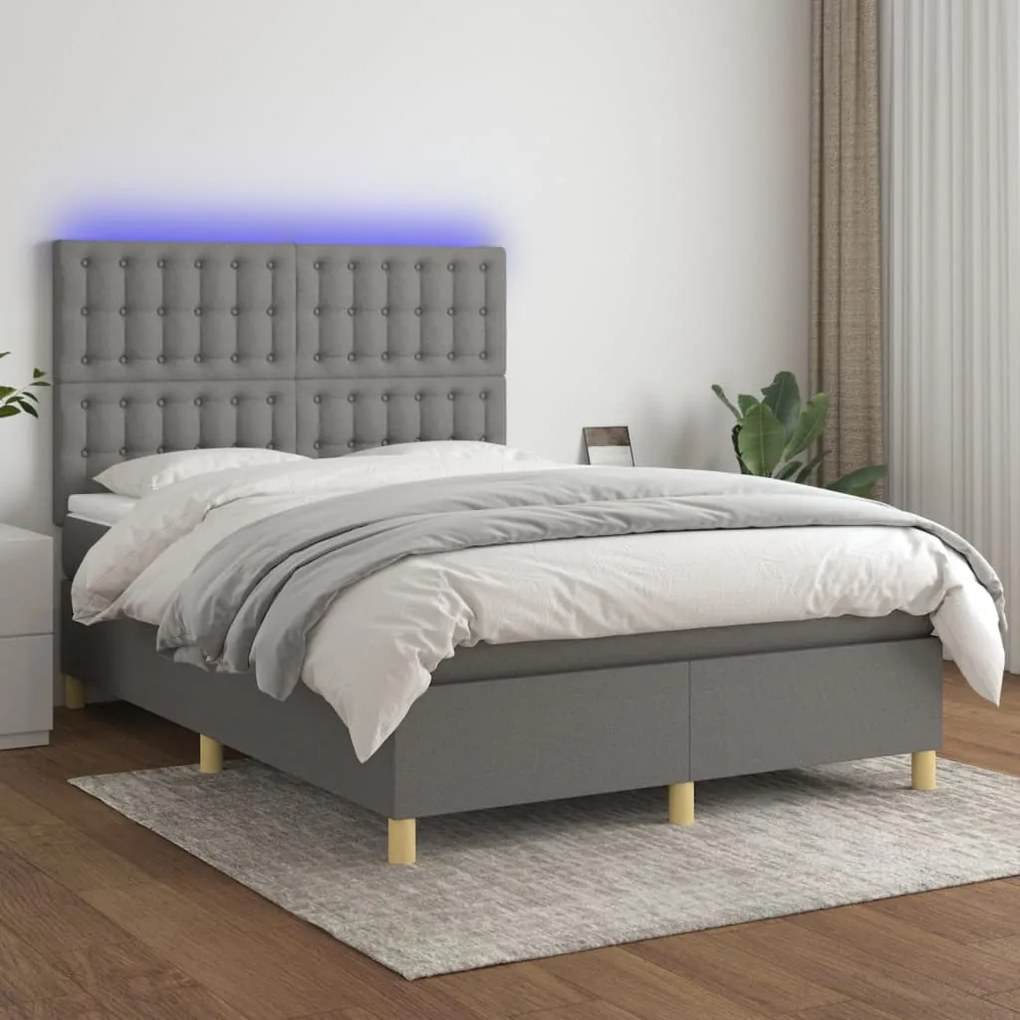 Letto a molle materasso e led grigio scuro 140x200cm in tessuto