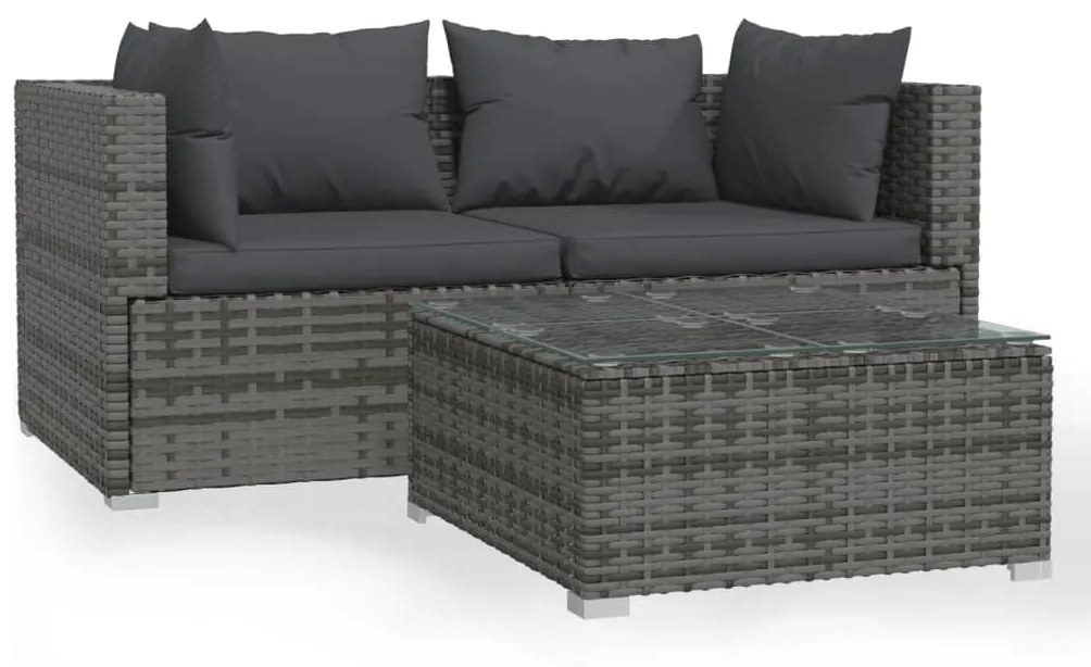 Set divani da giardino 3 pz con cuscini in polyrattan grigio