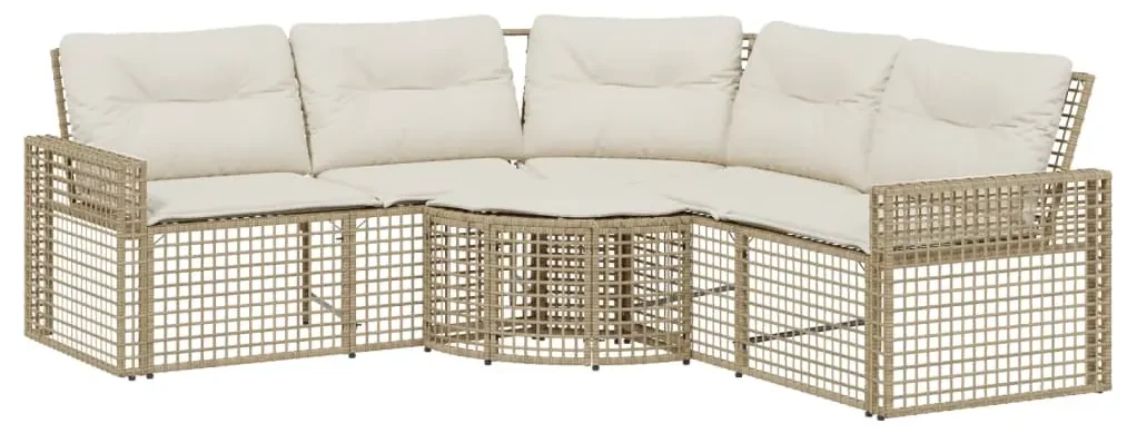 Divano da giardino a l con cuscini e pouf beige in polyrattan