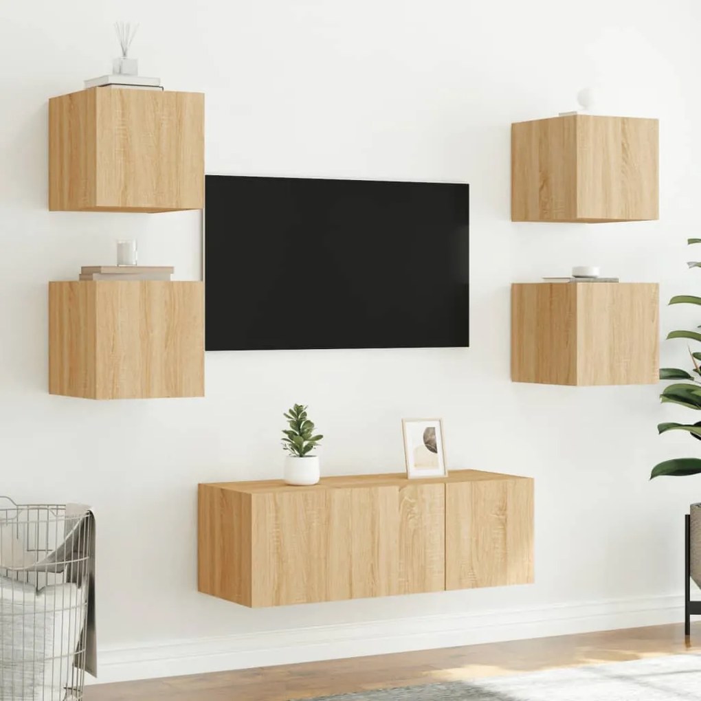 Mobili tv a muro con led 6pz rovere sonoma legno multistrato