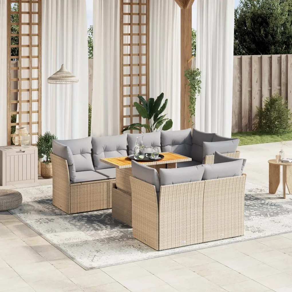 Set divano da giardino 8 pz con cuscini beige in polyrattan