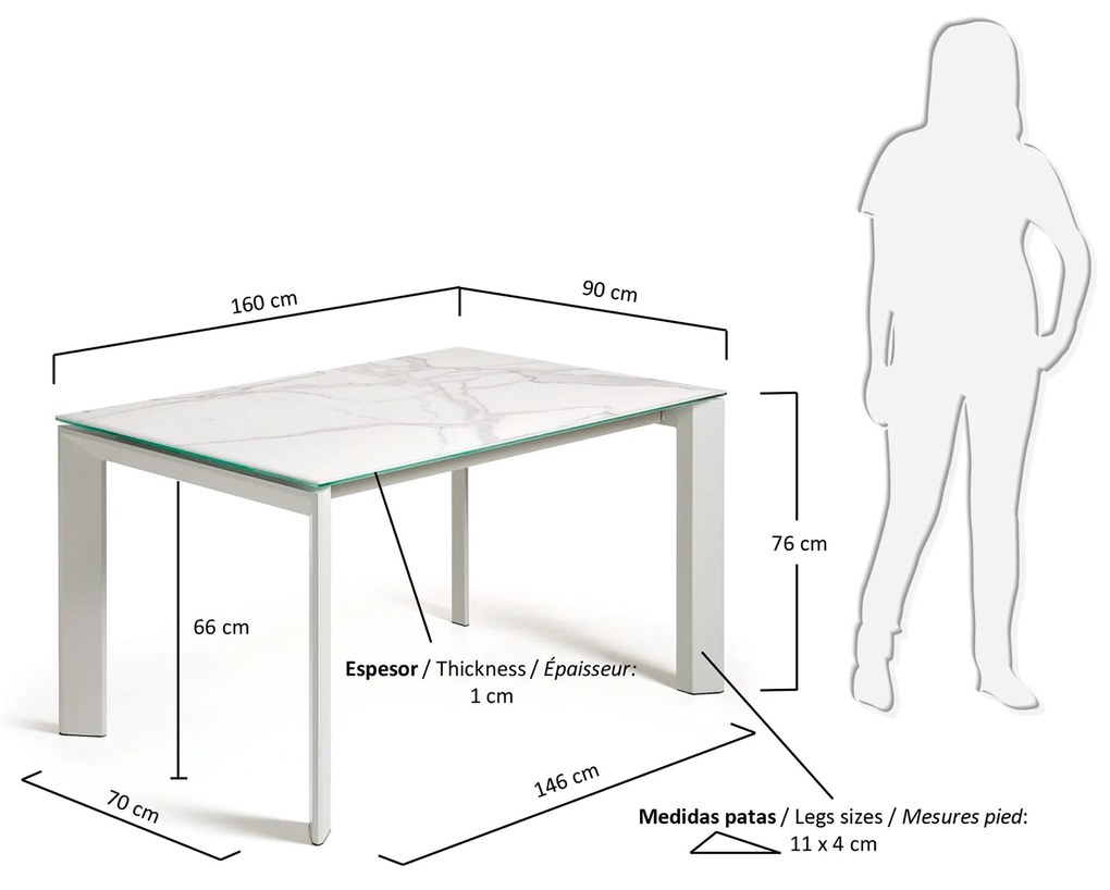 Kave Home - Tavolo allungabile Axis in porcellanato Kalos Bianco e gambe grigie 160 (220) cm