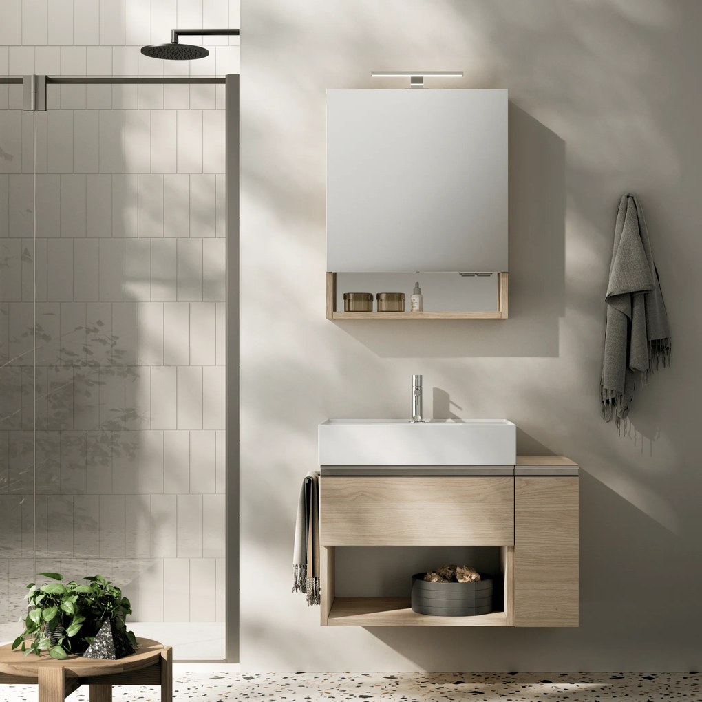 Mobile Bagno Sospeso Un Cassetto Con Vano a Giorno Un'Anta Specchio Contenitore Con Lampada Led 60x75 Cm Artesi "#12" Rovere White/Nichel