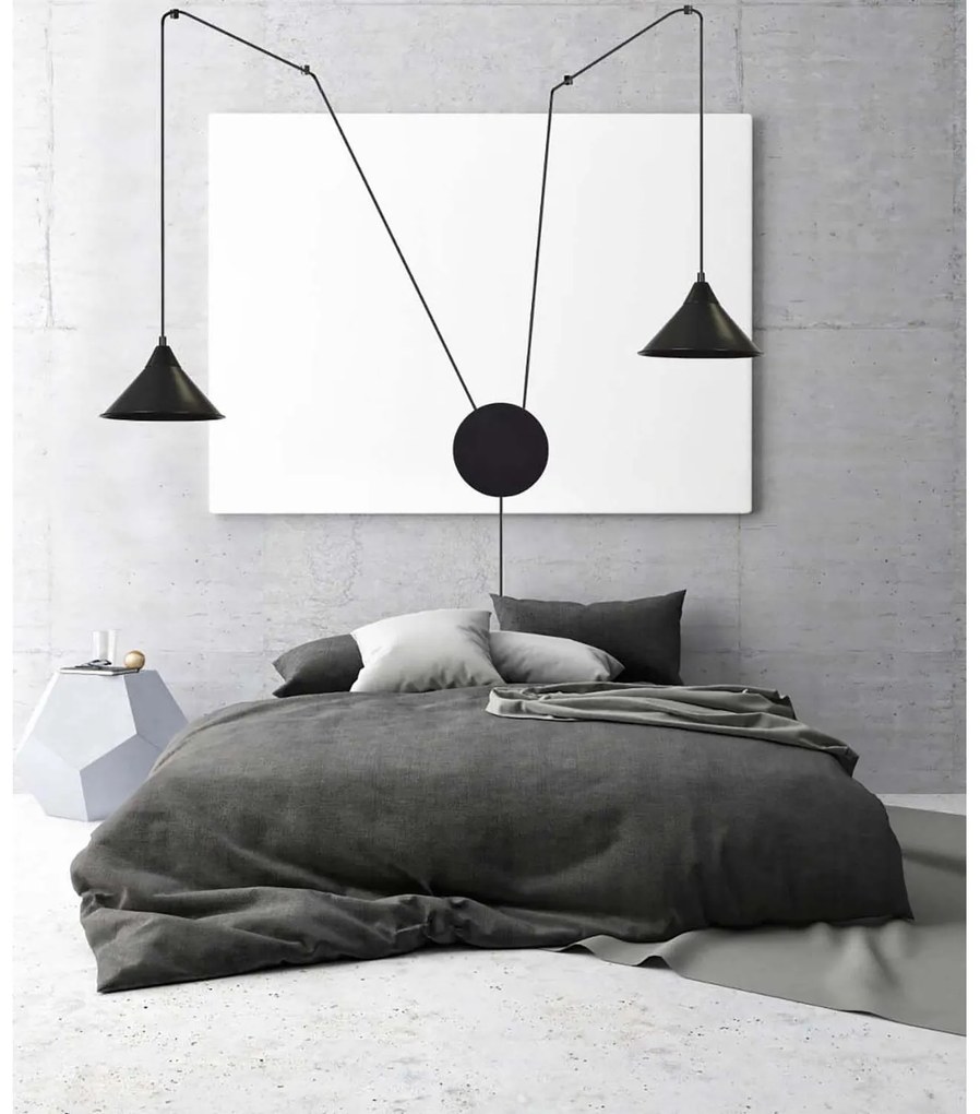 Sospensione Minimal 2 Luci Fujin In Acciao Nero E Paralume A Cono