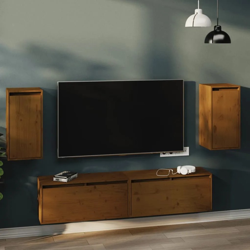 Pensili 2 Pz Marrone Ambra 80x30x35cm İn Legno Massello Di Pino /