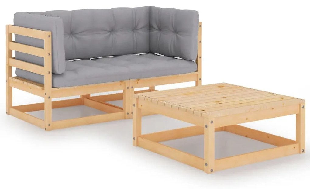 Set divani da giardino 3 pz con cuscini legno massello di pino