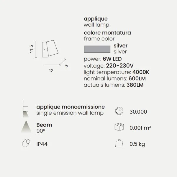 Applique OWEN per esterni LED in alluminio Silver e diffusore in vetro 8x12 cm