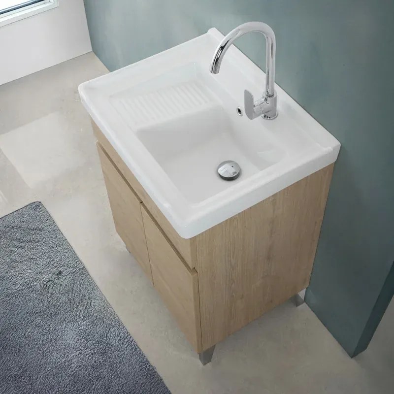 Mobile lavatoio 60x46,8 cm rovere dolomite con vasca in ceramica bianca