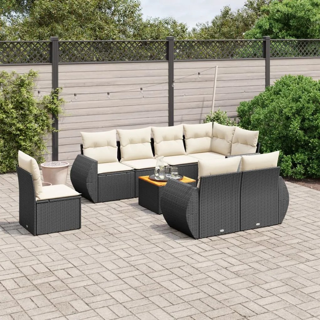 Set divani da giardino 9 pz con cuscini nero in polyrattan