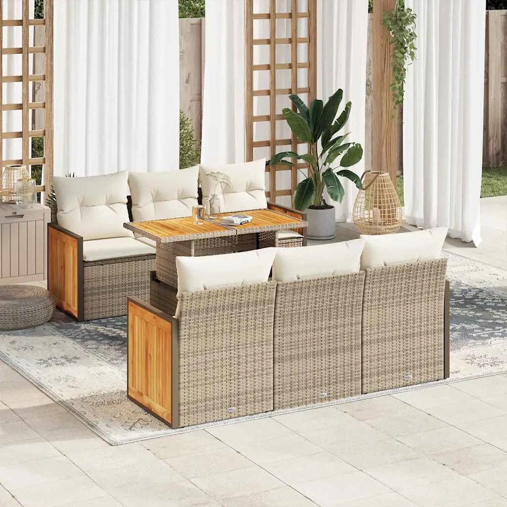 Set divani da giardino 7 pz con cuscini beige polyrattan acacia