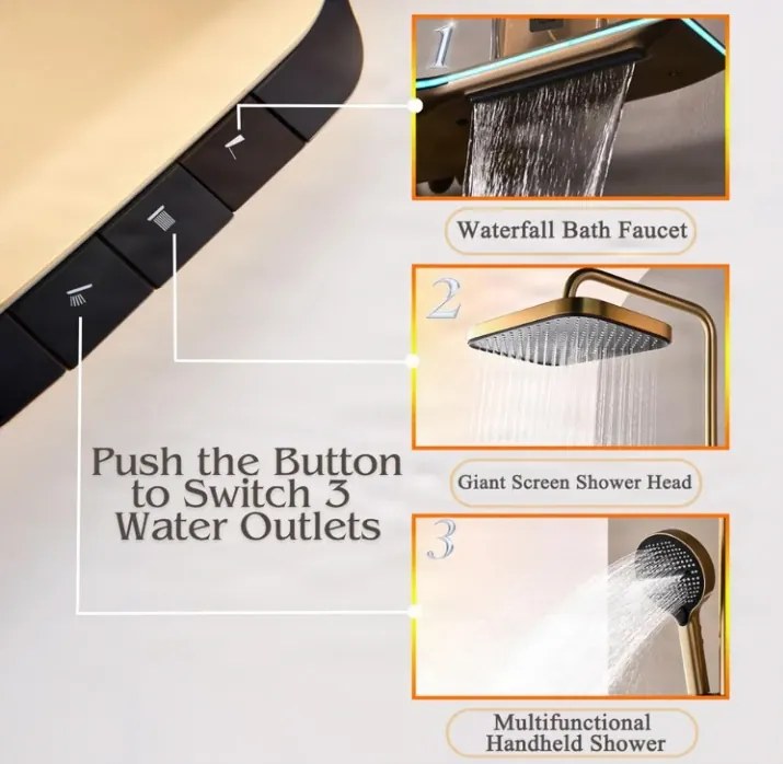 Pannello doccia termostatico ELITE EDITION BSE1420 a vista con schermo LED, getto a cascata e più finiture — Oro spazzolato