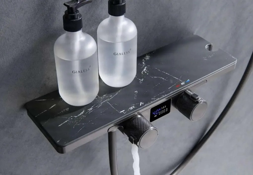 Sistema doccia ELITE EDITION BBT2053 termostatico con LED e getti multipli, in più finiture tra cui nero opaco e grigio grafite — Nero opaco pietra