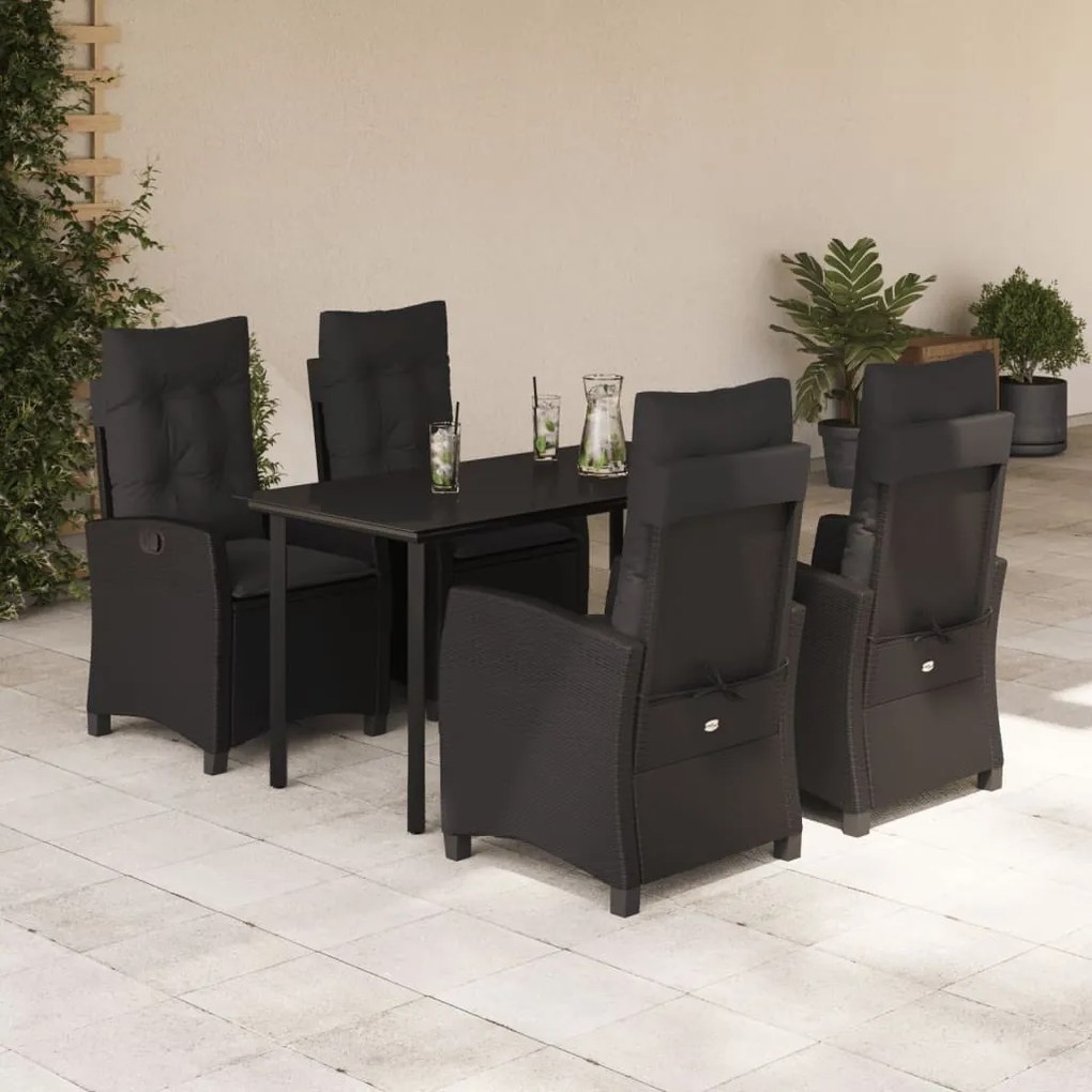 Set da pranzo da giardino 5 pz nero con cuscini in polyrattan