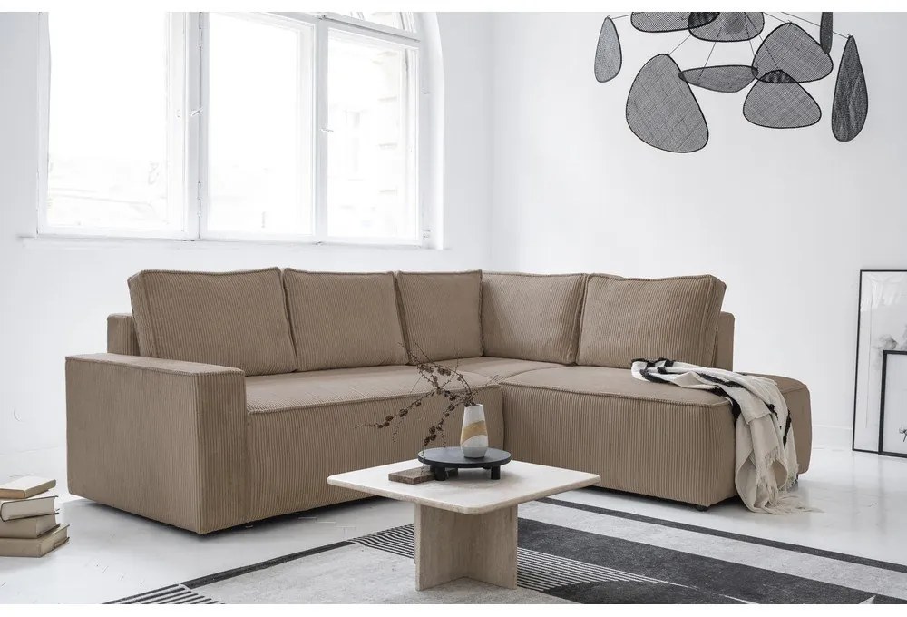 Divano letto angolare in velluto a coste beige Brave Dave - Miuform