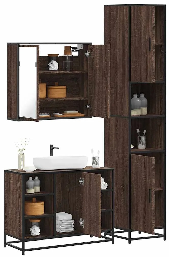 Set Mobili Da Bagno 3 Pz Rovere Marrone İn Legno Multistrato /