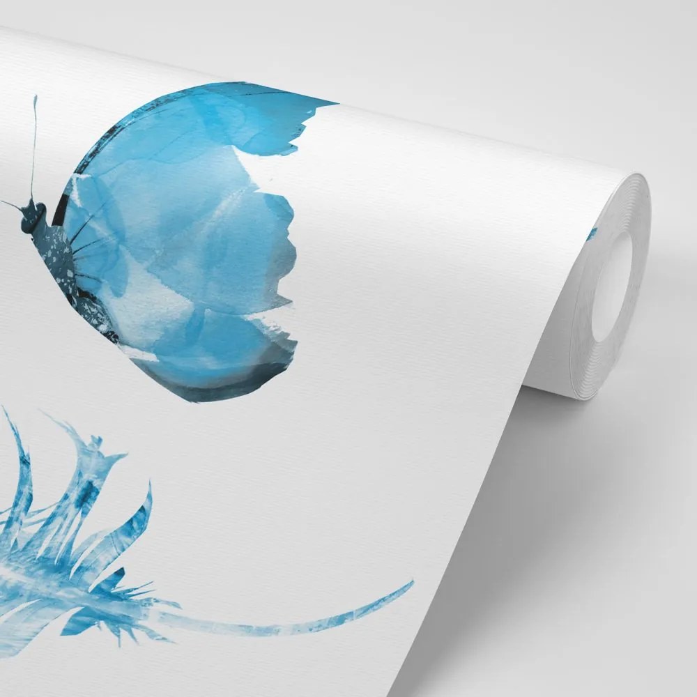 Carta da parati – Piuma con farfalla in stile blu