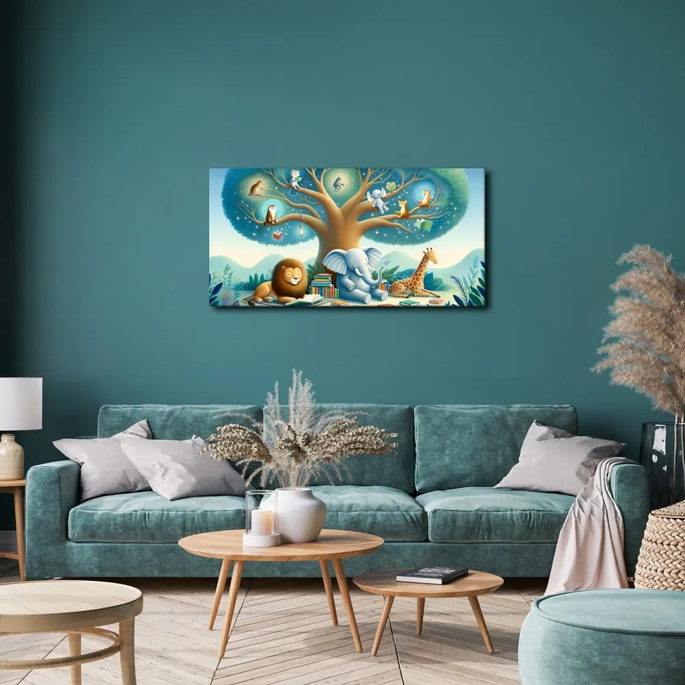 Quadro su tela – Animali sotto l’albero con libro