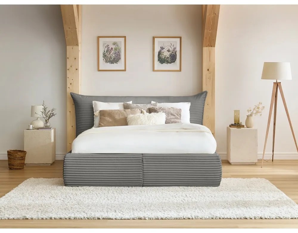 Letto matrimoniale grigio imbottito con spazio contenitivo con griglia inclusa 160x200 cm Jade – Bobochic Paris
