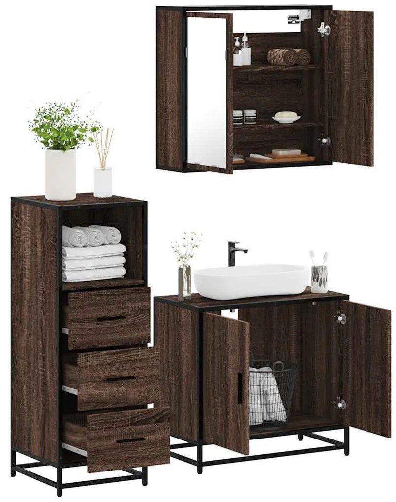 Set Mobili Da Bagno 3 Pz Rovere Marrone İn Legno Multistrato /