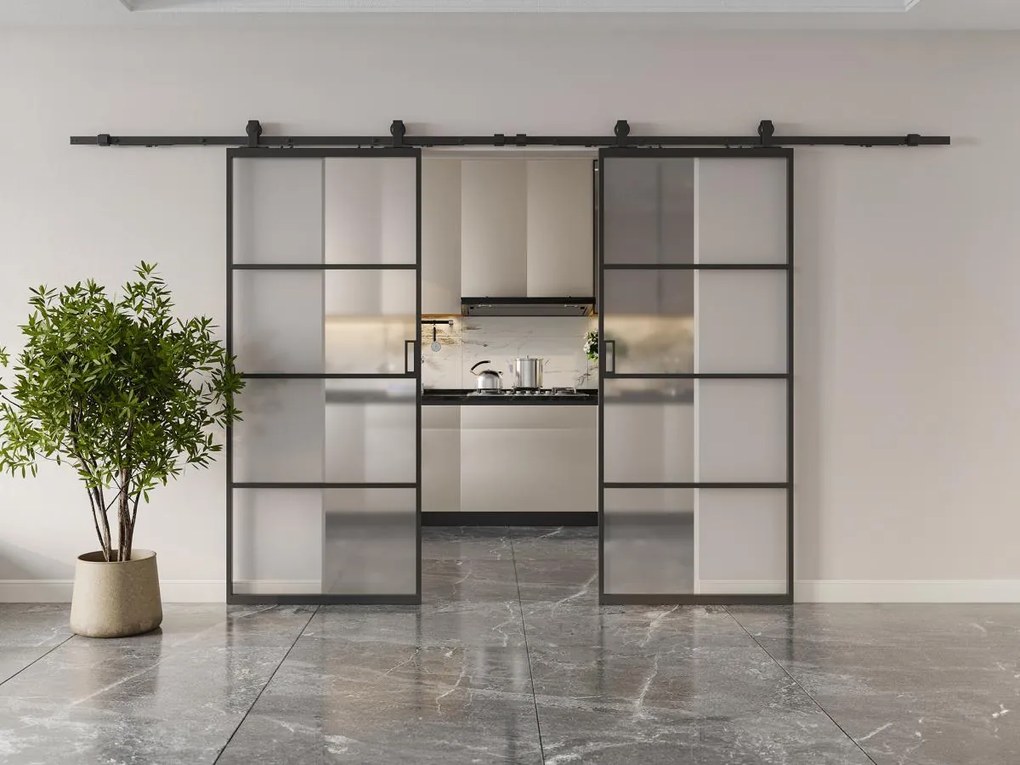 Porta scorrevole doppia con sistema esterno muro alluminio e vetro temp. smerigliato 2xH205xL63cm - SINCA II