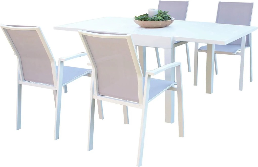 JERRI - set tavolo in alluminio cm 90/180 x 90 x 75 h con 4 poltrone Lotus