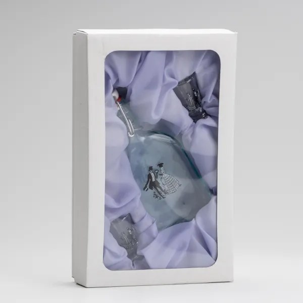 Set 1x bottiglia di vetro e 2x bicchiere per shot limpido con motivo di danza