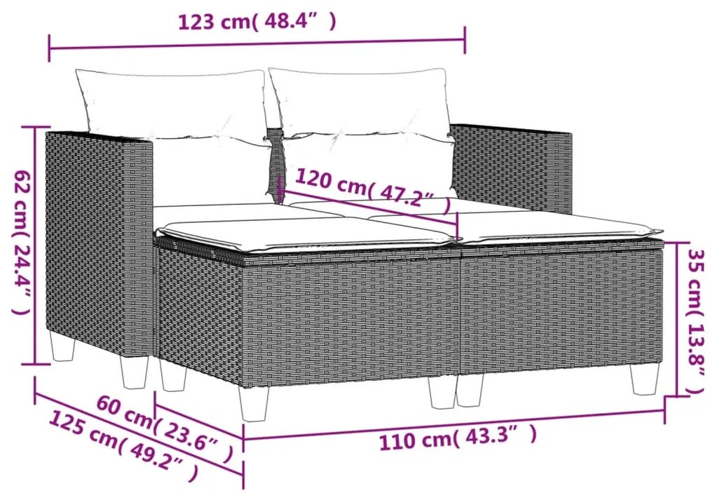 Divano da Giardino 2 Posti con Sgabelli Marrone in Polyrattan