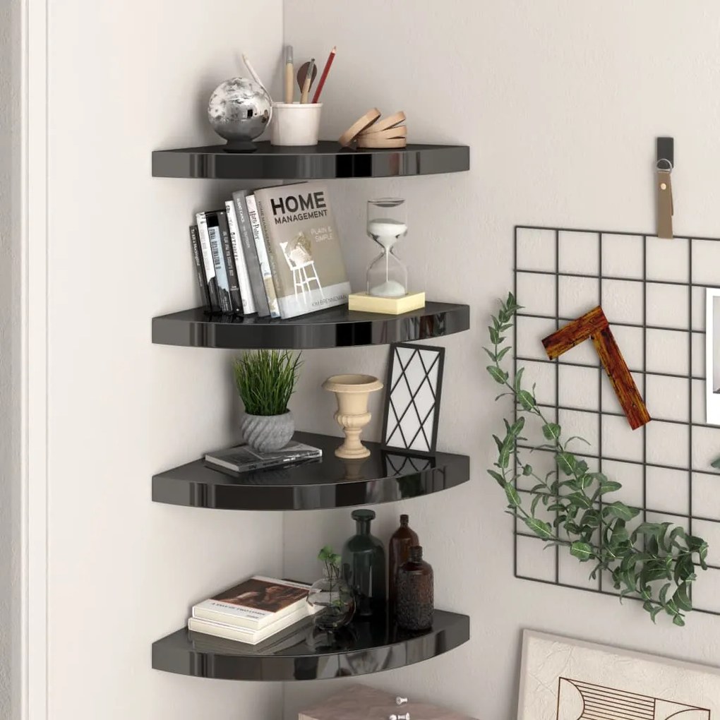 Scaffali Angolari A Parete 4 Pz Nero Lucido 35x35x3,8 Cm Mdf /
