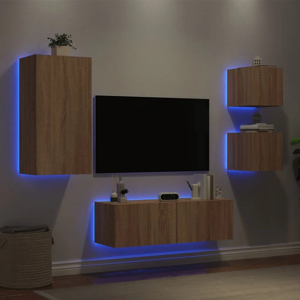 Mobili tv a muro 4pz con luci led rovere sonoma