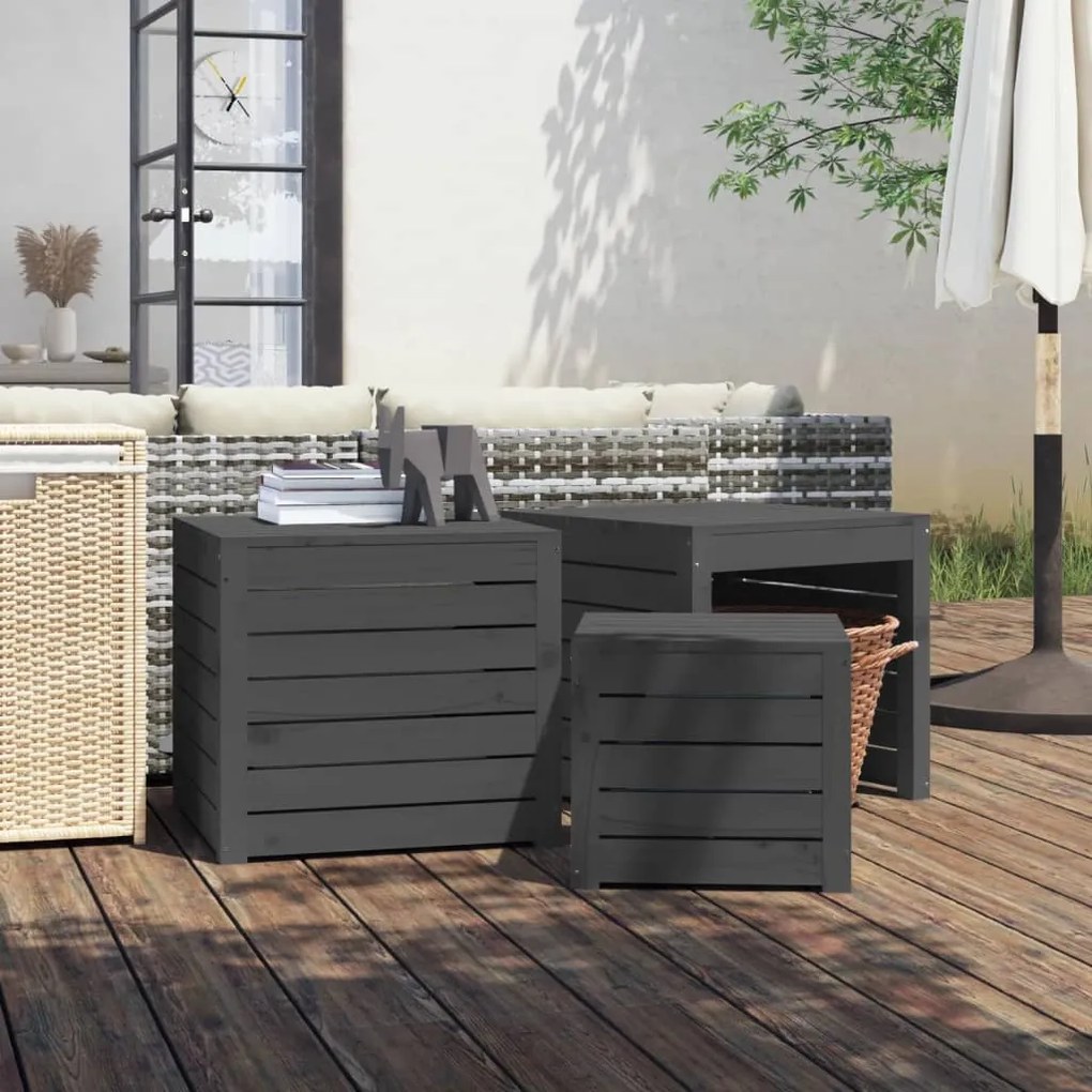 Set Cassette Da Giardino 3 Pz Grigio İn Legno Massello Di Pino /