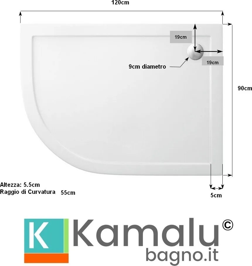 Piatto doccia 120x90 semicircolare versione destra KAM-1200 - KAMALU