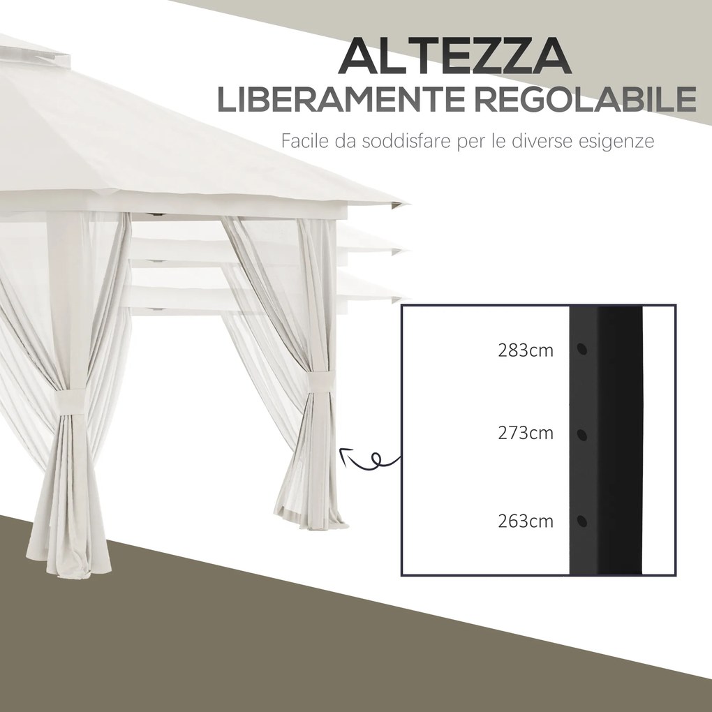 Gazebo Pieghevole 4x4 m ad Altezza Regolabile con Zanzariera e Borsa in Metallo e Tessuto Oxford Crema...