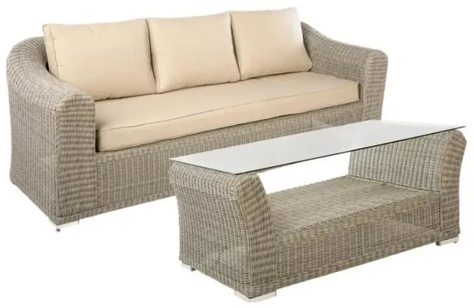 Salotto da giardino Barbados NATERIAL in rattan sintetico marrone e con cuscini in poliestere per 3 persone