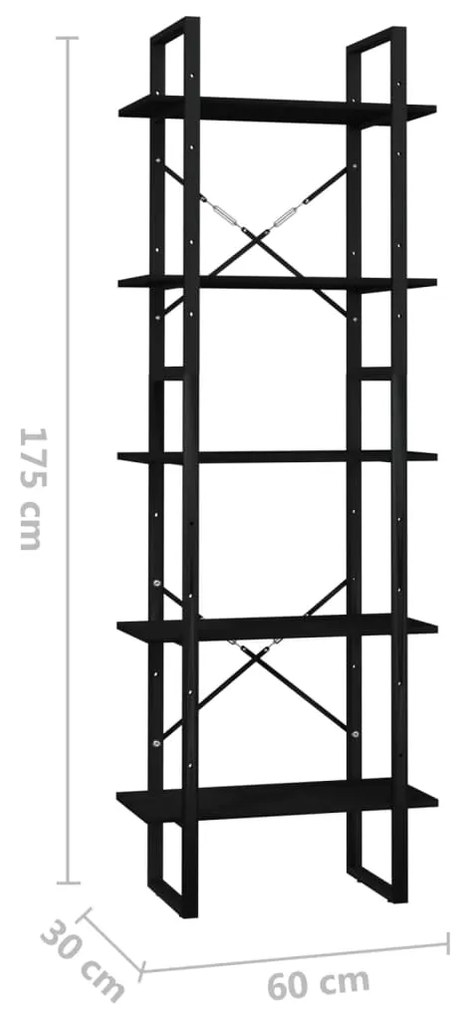 Libreria a 5 Ripiani Nera 60x30x175 cm in Legno di Pino