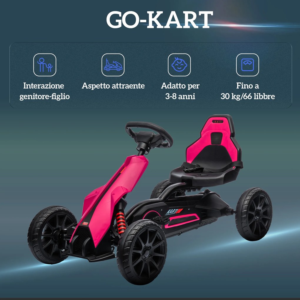 Go Kart a Pedali per Bambini 3-8 Anni 100x58x58,5 cm con Sedile Regolabile e Ruote in EVA Rosa e Nero...