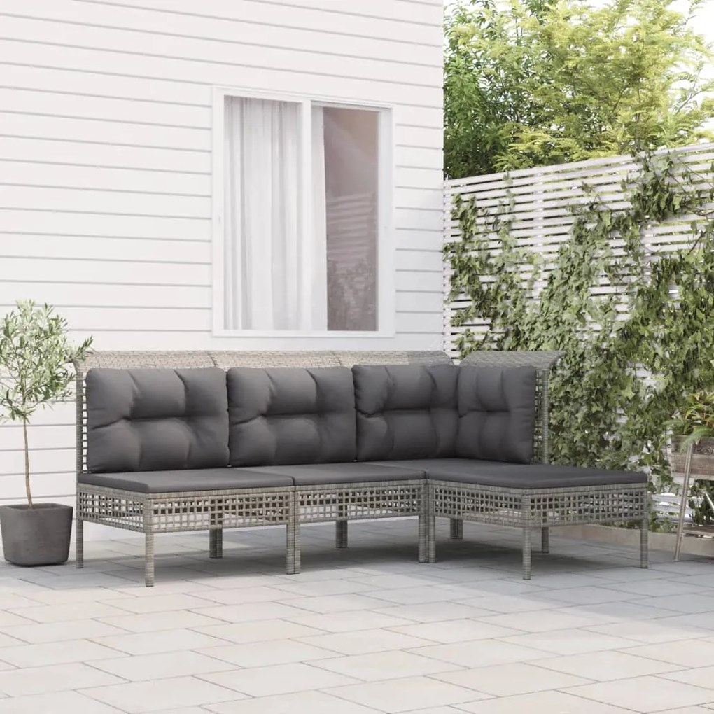 Set Divani da Giardino 4 pz con Cuscini in Polyrattan Grigio