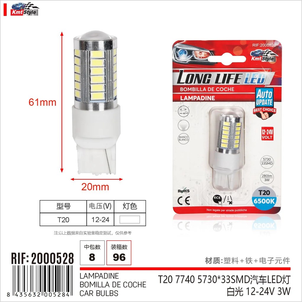 2 Pezzi Lampada Led T20 7440 W21W 33 SMD 5730 12V 24V 280lm 3W Luce Bianco Freddo Compatibile con Auto e Camion 61mm