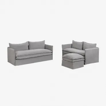 Set Soggiorno Con Divano 2 Posti, Divano 3 Posti E Pouf In Lino E Cotone Grace Tessuto Grigio Scuro - Sklum