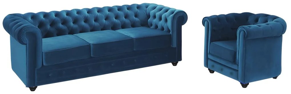 Divano CHESTERFIELD 3 posti e poltrona in velluto Verde ottanio