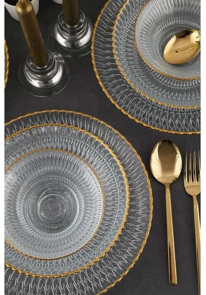 Set da tavola 12 pezzi in vetro trasparente con finitura dorata