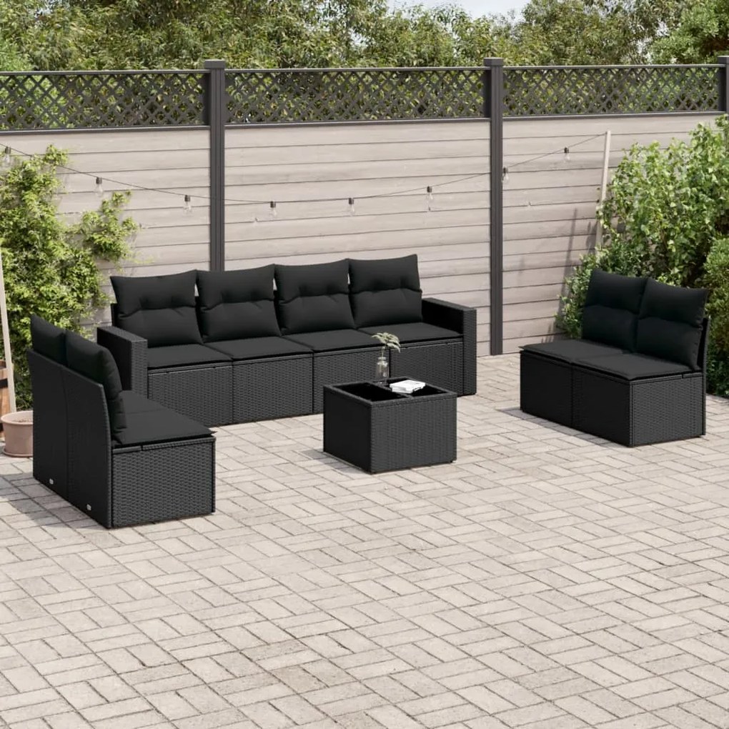 Set divani da giardino 9 pz con cuscini nero in polyrattan