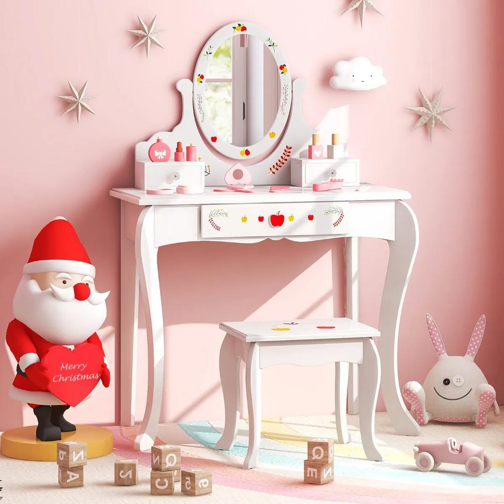 Costway Set da toeletta per bambini con specchio girevole e lavagna, Tavolo da trucco da principessa con sgabello Bianco